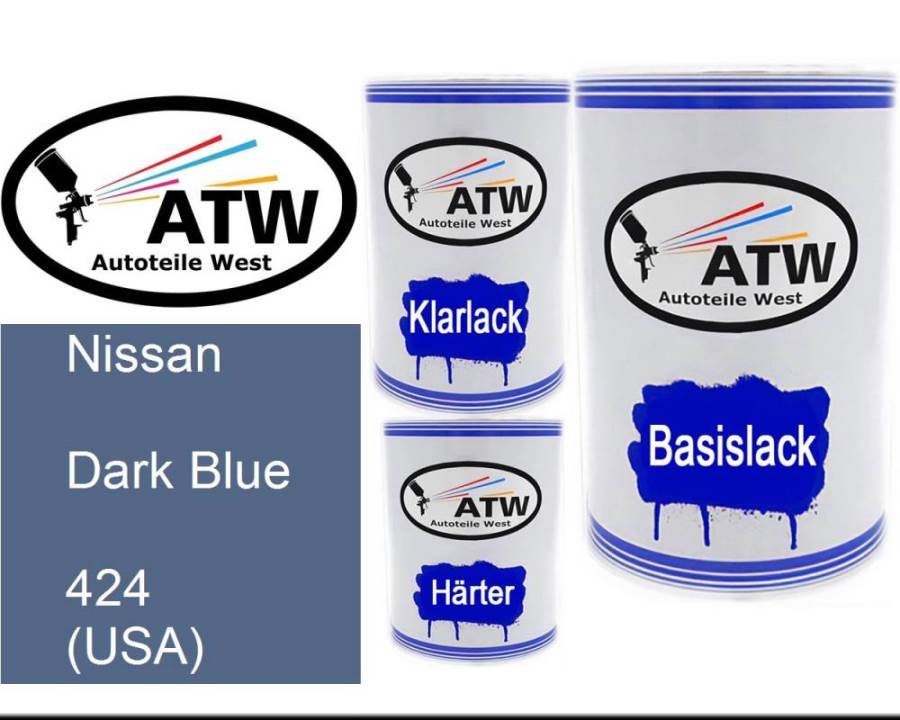 Nissan, Dark Blue, 424 (USA): 500ml Lackdose + 500ml Klarlack + 250ml Härter - Set, von ATW Autoteile West.